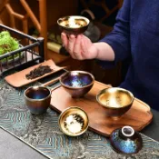 協貿國際日用品生活2館 七彩釉建盞鎏金茶杯盞窯變茶盞陶瓷斗笠主人杯七彩鎏金品茗杯