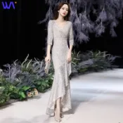  W&S 五分袖魚尾晚禮服 銀色亮片氣質優雅禮服 喜宴酒紅色前短後長洋裝 名媛聚會女王氣場禮服 黑色主持緊身洋裝
