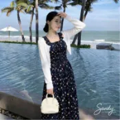 小玫瑰花肩吊帶長洋【51013】春夏新款民族風渡假出遊海邊沙灘露肩無袖印花連身洋裝 連身裙連衣裙 Sandy33