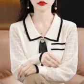 胖胖美依 秋冬女裝長袖上衣 打底衫 小香風上衣 娃娃領針織衫T恤拼接雪紡長袖毛針織衫女設計感上衣TBF19.2023