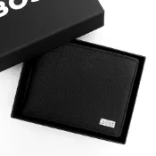 美國百分百【全新真品】BOSS 皮夾 配件 專櫃精品 皮革 荔枝紋 零錢袋 短夾 logo 錢包 黑色 DK51