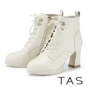 TAS 牛貼皮俐落線條綁帶高跟短靴 米白
