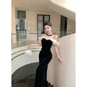 【桃喜Rich女裝】黑色洋裝 宴會晚禮裙 尾牙洋裝 過節衣服 高階感晚禮服 氣質重工鏈子絲絨連衣裙 酒紅色洋裝 魚尾裙