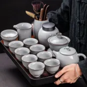茶具組 功夫茶具組 泡茶壺 泡茶器 茶具套裝 傢用汝窯茶具套裝高檔冰裂釉功夫泡茶壺蓋碗茶盃中式茶道整套送禮【宜家良品百貨】