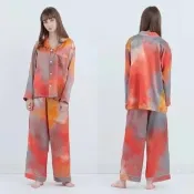 【FOO TOKYO福東京】渡假風情款 水彩紋純蠶絲睡衣長袖+長褲組(晚霞/100%蠶絲)