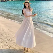 波西米亞旅行度假性感米白色雪紡吊帶長裙女裝緊身露背蕾絲拼接無袖中長款A字洋裝