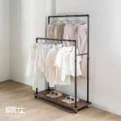仿舊木板雙桿掛衣架 吊衣架 曬衣架 水管造型 衣物收納 底層收納空間  工業風LOFT 移動收納附輪 現貨