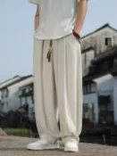 vinne百貨家居 男士大尺碼民俗風寬褲闊腿褲 男士褲子夏季薄款中國風亞麻褲胖子大尺碼闊腿燈籠褲直筒棉麻休閑褲