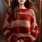 愛依依 秋冬上衣 加厚針織衫 撞色毛衣 打底衫 冬季新款聖誕新年紅色撞色條紋毛衣T362-3933.