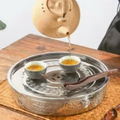 全球選品1館 生活百貨 特厚不鏽鋼茶盤雙層圓形儲水式大號歐式茶池瀝水盤金屬茶海託盤