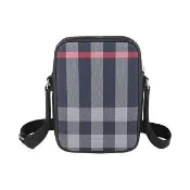 【BURBERRY 巴寶莉】BURBERRY Paddy內皮革燙銀LOGO格紋帆布拼接牛皮拉鍊直式斜背包(海軍藍x灰x黑)