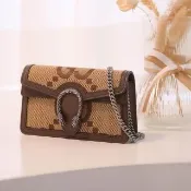 【GUCCI 古馳】Dionysus Jumbo 金屬虎頭雙G緹花雙蓋迷你鍊包斜背包(咖邊)