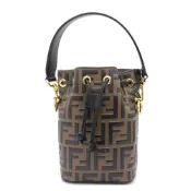 FENDI 芬迪 Mon Tresor Mini 小牛皮 FF壓花 迷你 雙背帶 斜背包 肩背包 水桶包 棕色