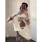 【限時大促】豹紋黑桃A印花磨毛短袖T恤女早春新款美式復古寬鬆圓領上衣潮
