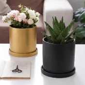 【KOTI 日安生活】莫蘭迪色陶瓷花盆圓筒形附底盤/盆栽/花槽-13cm(有底孔透氣排水好)