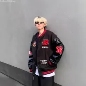 (店+)潮牌美式高街嘻哈棒球服外套男春秋季寬鬆刺繡拼接撞色PU皮袖夾克