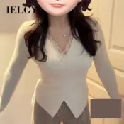IELGY長袖女式蕾絲拼接V領修身T恤