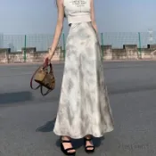 法式浪漫 大裙襬A字裙 傘裙 長裙 半裙 高級感水墨印花半身裙夏季新款醋酸垂感顯瘦魚尾裙鬆緊腰字長裙A 0819