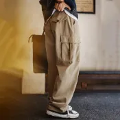 馬登工裝 美式復古淺卡其M65大口袋直筒休閒褲老錢磨毛長褲子男秋