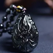 天然黑曜石彩眼千年九尾狐仙吊墜項鏈 防小人 雕工精湛