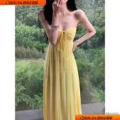  🌟新品免運🍀黃色掛脖長洋裝 胸前抽褶綁帶露背設計 長裙垂墜裙身剪裁 夏季度假穿搭 法式風格 顯瘦連身長裙