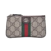 【GUCCI 古馳】經典Ophidia系列GG Supreme帆布牛皮滾邊綠紅綠織帶拉鍊鑰匙包 /零錢包(烏木色)