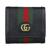 GUCCI 古馳  Ophidia電鍍GG LOGO牛皮拼織布設計釦式短夾(黑)