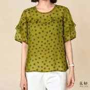 【CHAI YAN 采妍】復古波點荷葉領雪紡短袖上衣(春夏女裝/中大尺碼/專櫃/寬鬆/透氣)