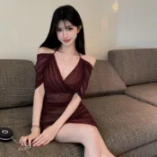 辣妹洋裝 夜場風女裝 酒店洋裝 酒店衣服 酒店服裝 微辣洋裝 性感洋裝 性感女人味綁帶掛脖短袖網紗連衣裙純欲大v領露背