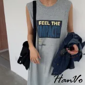 【HanVo】美式英文印花休閒背心裙 個性渡假風簡約連衣裙 韓系女裝洋裝 女生衣著 A06-3726