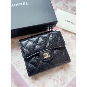 ✨現貨✨🎀朵兒代購 Chanel 香奈兒 Coco 經典黑色三折短夾 魚子醬 小香 淺金釦