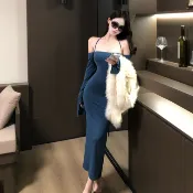法式聚會派對性感素色吊帶長裙女裝緊身一字領長袖露背中長款緊身洋裝
