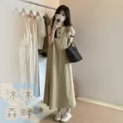 女生裙裝 8月爆款 AA夏日腔調卡其色背心連身裙 女裝慵懶顯瘦大裙擺無袖連衣裙 A字裙 工裝森係連身裙 洋裝沐