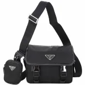 【PRADA 普拉達】Tessuto 三角牌再生尼龍拼防刮皮斜背郵差包 附萬用包(黑色 尼龍包 米蘭精品)