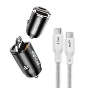 【WEPHONE】極速45W PD+QC 拉環雙孔車用充電器+65W Type-C to Type-C 100cm 傳輸充電線