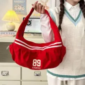 歐美時尚大容量帆布女包休閒腋下包運動風褶皺學生日常餃子包