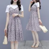【韓國K.W.】型-法式初戀假兩件短袖碎花洋裝氣質仙女中長裙
