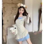 洋裝 連身裙 甜辣風洋裝 收腰顯瘦 假兩件 格紋短裙 韓系 氣質 小個子 梨形身材 設計感 赫本風 長袖洋裝春秋