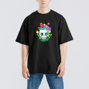 SKULL 骷髏 花 美式 插畫 衣服 落肩 厚磅 寬版 T恤 吸濕排汗 黑T