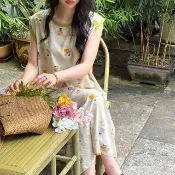 【K.W.】韓國空運輕棉麻漫花誘情高品質免穿搭洋裝(小香風/輕量涼感/洋裝/休閒/日系/通勤/渡假)