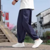 清倉特價 新中式棉麻休閒褲 日系純色百搭哈倫褲 鬆緊腰寬鬆九分褲 夏季街頭亞麻燈籠褲 透氣復古設計感長褲