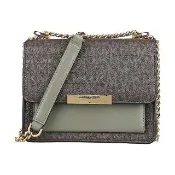 【Michael Kors】MICHAEL KORS 滿版印花塗層帆布Jade系列釦式斜背方包(超小/深褐x軍綠)