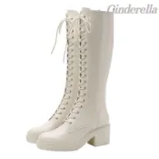 Cinderella 白色係帶高跟騎士靴高筒不過膝長靴小個子網紅靴子中筒靴 長靴 不過膝長靴 瘦腿靴 時裝靴 韓版長筒靴