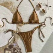 新款掛脖石頭比基尼素色油光布三角杯集中爆乳分體女版泳裝