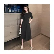 【HanVo】現貨 縮腰素面五分袖長裙(百搭舒適大裙襬連衣裙 韓系女裝中長裙 女生衣著 A06-3723)
