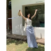 𝙎𝙞𝙣𝙖𝙞.藍色格紋高腰顯瘦A字魚尾長裙 清新風 夏季裙裝 格紋半身裙 高腰長裙 A字長裙 魚尾裙 顯瘦半身裙