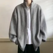 素色高領拉鏈毛衣外套 V領針織外套 學院風 針織外套 秋冬衣著男 複古長袖毛線衣 寬鬆毛線開衫(BEM714)【壹號站】