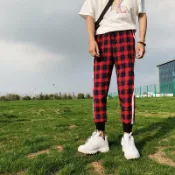 FINDSENSE服飾 FINDSENSE品牌 秋季 新款 日本 原宿 復古格子 撞色 哈倫褲 舒適 九分褲 休閒褲 潮男褲子