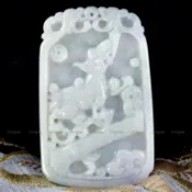 珍珠林~超讚的~A貨緬甸春帶彩糯種紫羅蘭翡翠玉珮~枝上凰鳳 送財麒麟兩面戴玉牌 #431