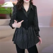 胖胖美依 長袖襯衫 雪紡衫 上衣 襯衣外套中大尺碼 L-5XL新款外搭拼接假兩件襯衫顯瘦減齡氣質上衣-13424.